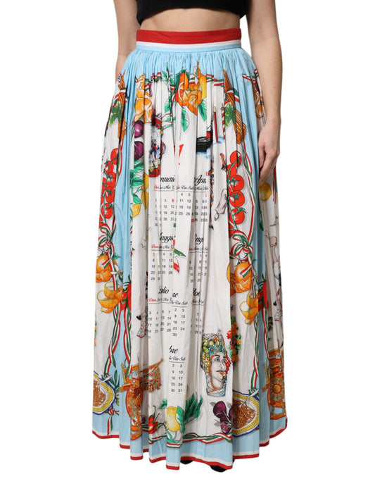 Multicolor Cotton Calendar Print Maxi Skirt