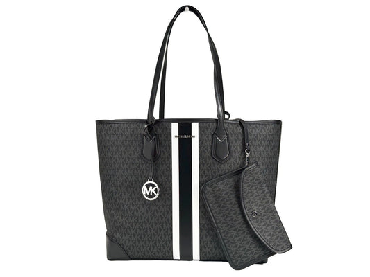 Eva Large Stripe Travel Tote Bag Plus Pouch Black
